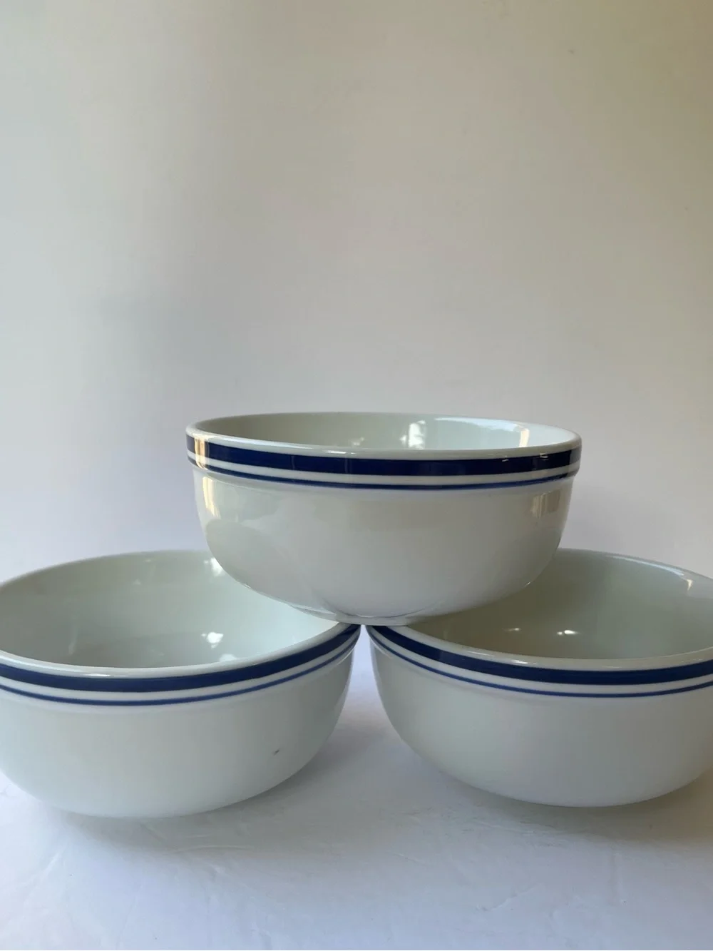 Pottery Barn 3 Blue White Stripe Coupe Cereal Soup Bowls Classic Coastal Retired
